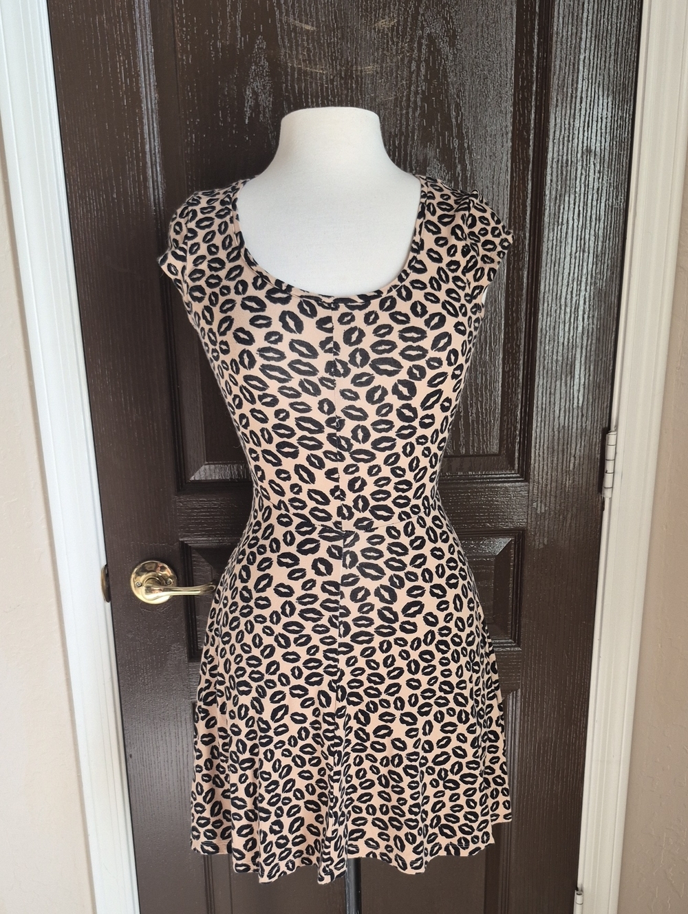 Divided Beige and Black Lip-Print Skater Dress